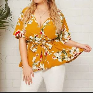 Rich yellow floral blouse, plus size